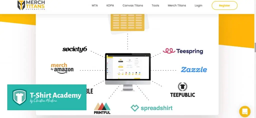 Screenshot of print on demand platforms supported by merch titans automation
