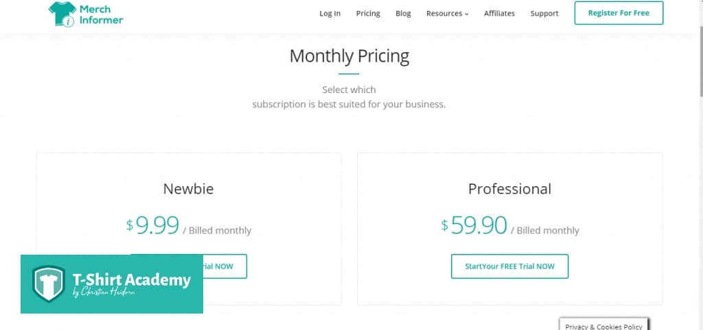 Image of Merch Informer pricing page