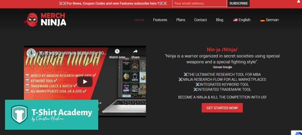 Screenshot of Merch Ninja Home Page