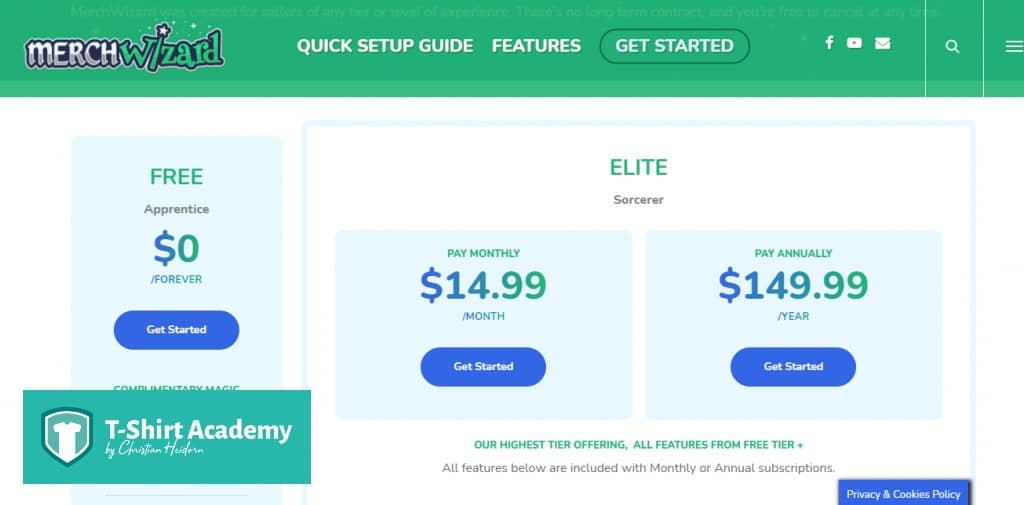 Screenshot of Merch Wizard pricing page