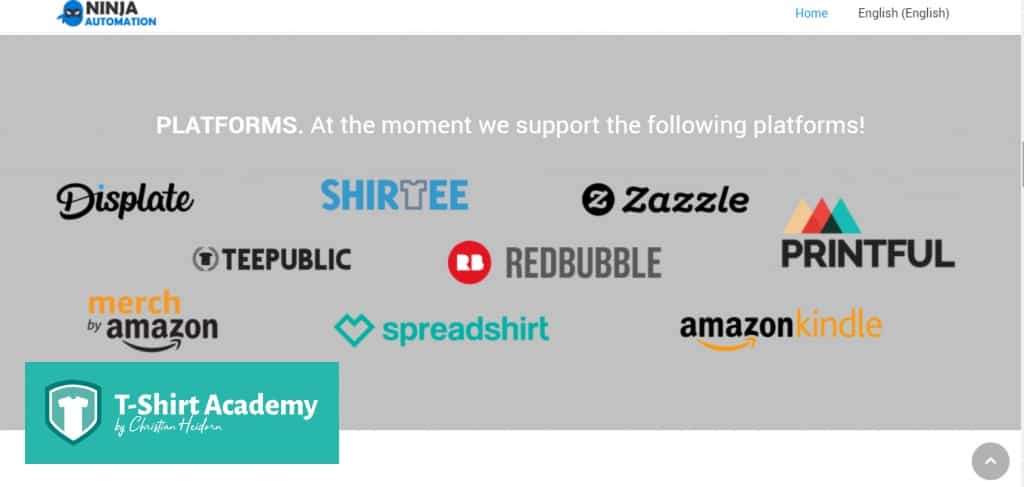 Screenshot of print on demand platforms supported by Ninja Automation