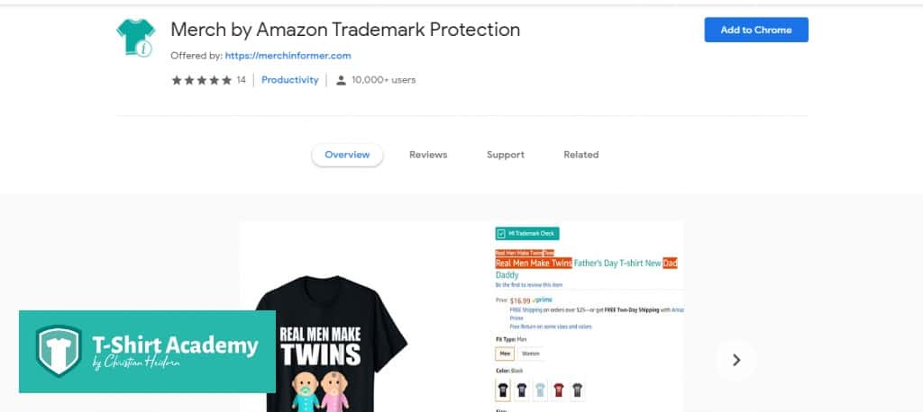 Screenshot of merch informer's trademark protection chrome plugin page