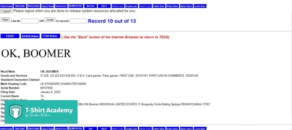 Screenshot of uspto.gov trademark check page