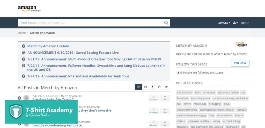 Screenshot of the official Merch by Amazon forum page