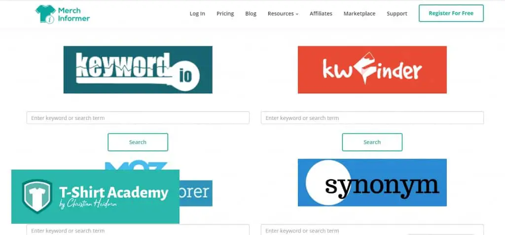 Sccreenshot of keyword tools from merch informer